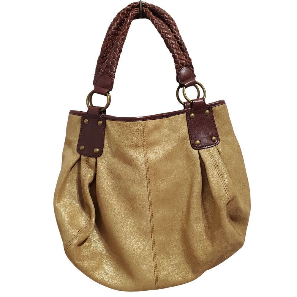 TANO Shoulder Hobo Bag Womens gold Suede Leather Woven Handle Brown brass